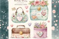 Create a set of vintage, charming, and kawaii watercolor clip art having a Valentine\'s Day theme.